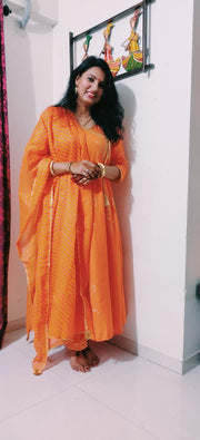 Orange Block Printed Angrakha Anarkali Suit Set 201-ORG