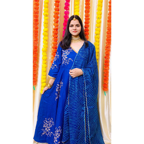 Blue Block Printed Angrakha Anarkali Suit Set 201-BLU