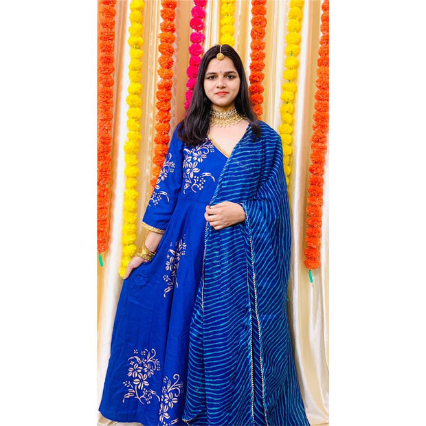 Blue Block Printed Angrakha Anarkali Suit Set 201-BLU