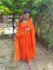 Orange Block Printed Angrakha Anarkali Suit Set 201-ORG