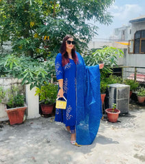 Blue Block Printed Angrakha Anarkali Suit Set 201-BLU