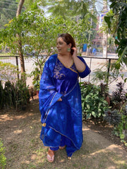 Blue Block Printed Angrakha Anarkali Suit Set 201-BLU