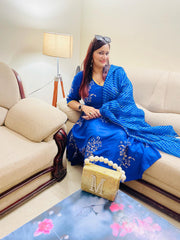 Blue Block Printed Angrakha Anarkali Suit Set 201-BLU