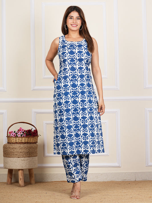 Blue Cotton Printed Kurta Set AN124-BLU