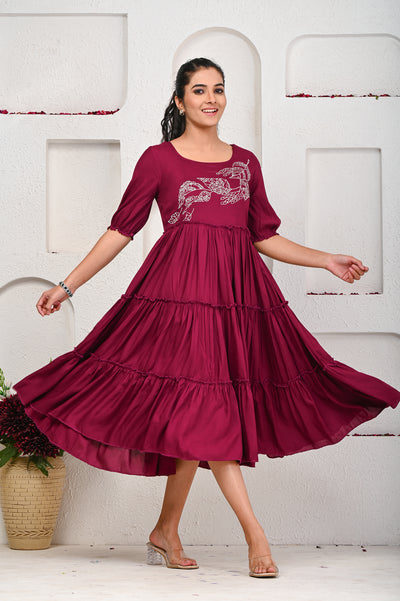 Wine Embroidered Dress 101-WNE