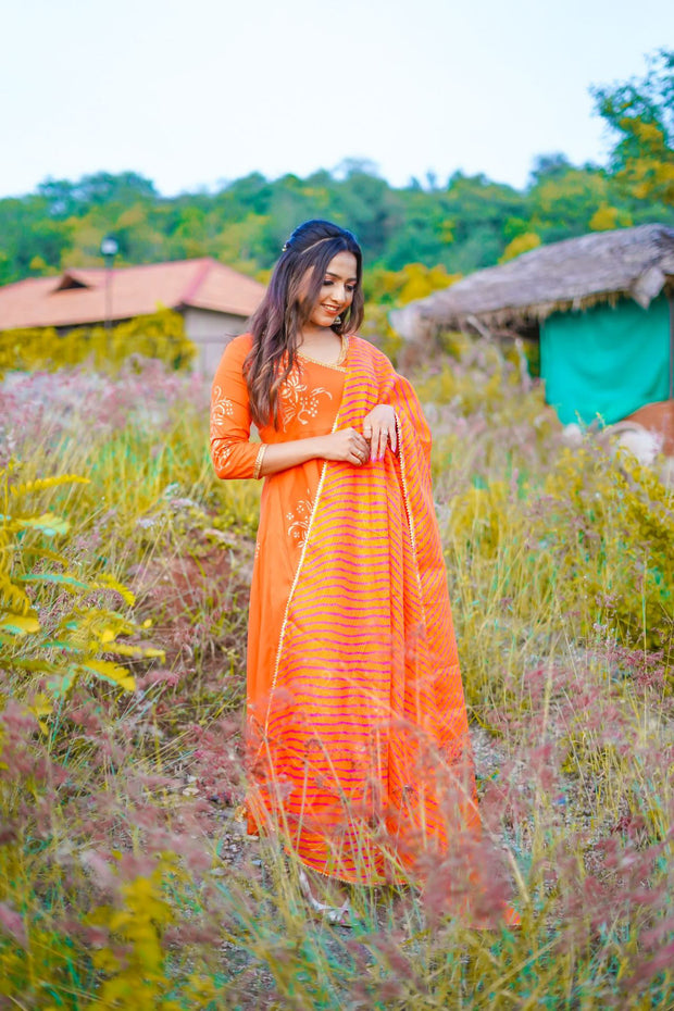 Orange Block Printed Angrakha Anarkali Suit Set 201-ORG