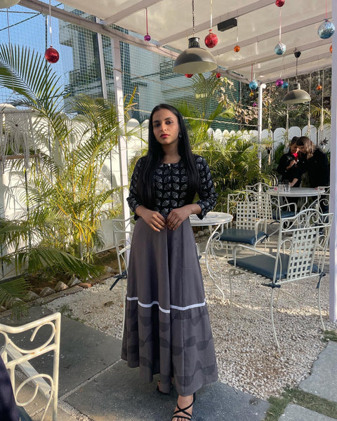 Women Black-Grey Blue Floral Block Print Anarkali Kurta 213-GRY