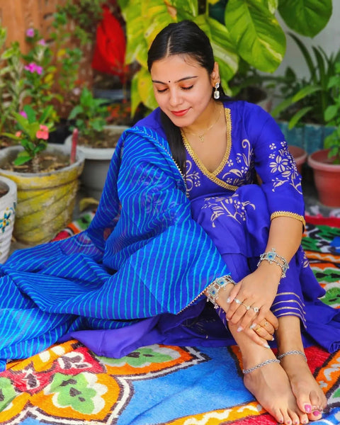 Blue Block Printed Angrakha Anarkali Suit Set 201-BLU