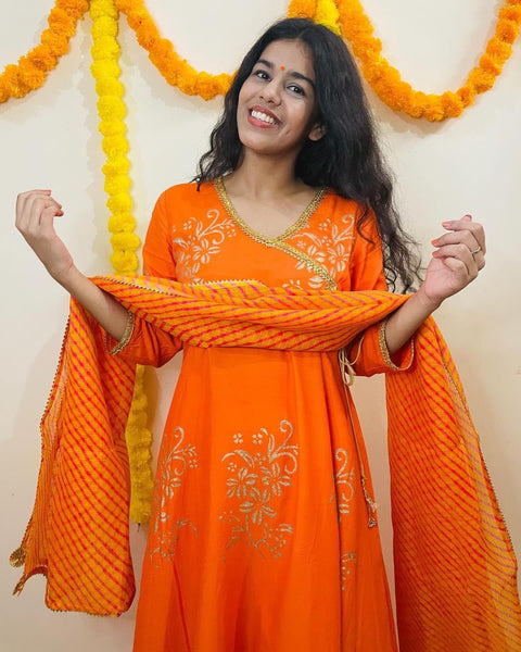 Orange Block Printed Angrakha Anarkali Suit Set 201-ORG