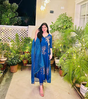 Blue Block Printed Angrakha Anarkali Suit Set 201-BLU