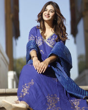 Blue Block Printed Angrakha Anarkali Suit Set 201-BLU