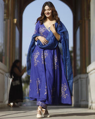 Blue Block Printed Angrakha Anarkali Suit Set 201-BLU