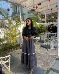 Women Black-Grey Blue Floral Block Print Anarkali Kurta 213-GRY