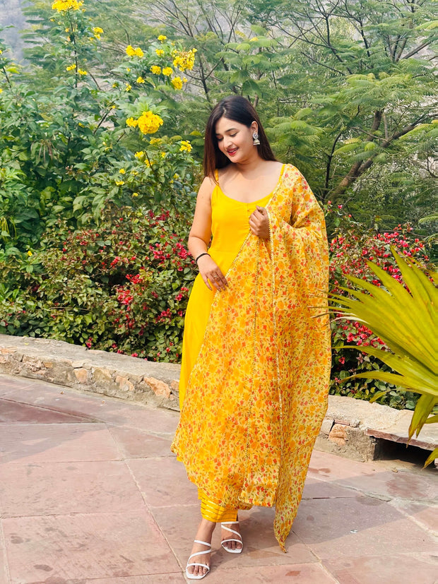 Yellow Solid Suit Set With Floral Print Kota Doriya Dupatta 202-YLW