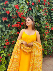 Yellow Solid Suit Set With Floral Print Kota Doriya Dupatta 202-YLW