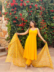 Yellow Solid Suit Set With Floral Print Kota Doriya Dupatta 202-YLW