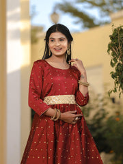 Miraya Maroon Silk Party Gown 226-MRN