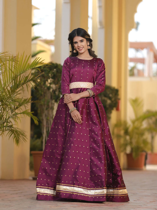 Miraya Wine Silk Party Gown 226-WNE