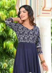 Blue Block Print Anarkali Kurta 228-BLU