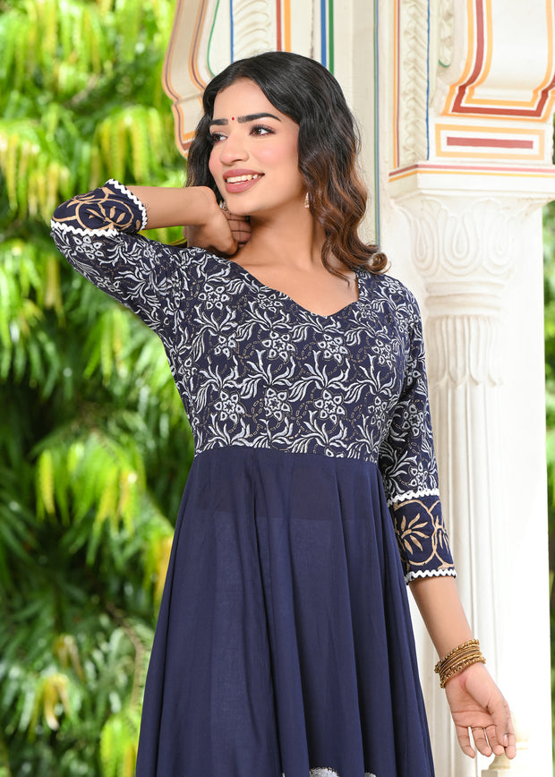 Blue Block Print Anarkali Kurta 228-BLU
