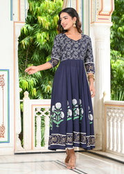 Blue Block Print Anarkali Kurta 228-BLU