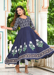 Blue Block Print Anarkali Kurta 228-BLU