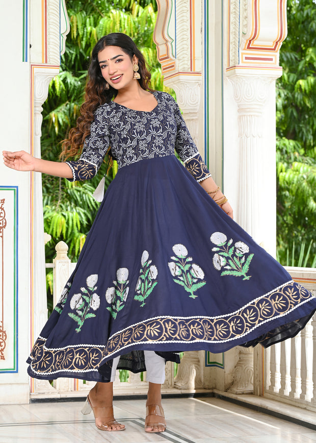 Blue Block Print Anarkali Kurta 228-BLU