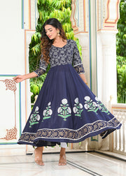 Blue Block Print Anarkali Kurta 228-BLU