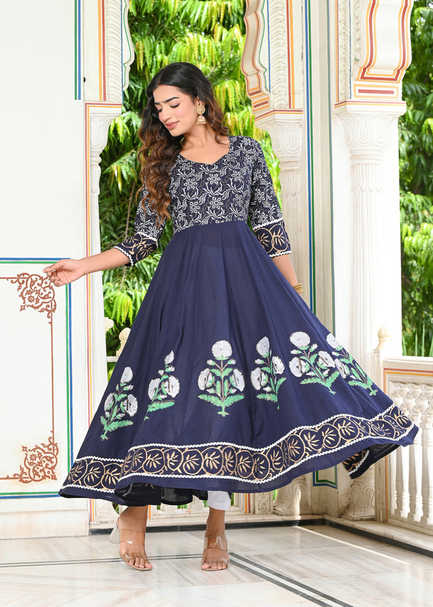 Blue Block Print Anarkali Kurta 228-BLU