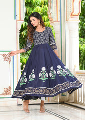 Blue Block Print Anarkali Kurta 228-BLU