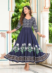 Blue Block Print Anarkali Kurta 228-BLU
