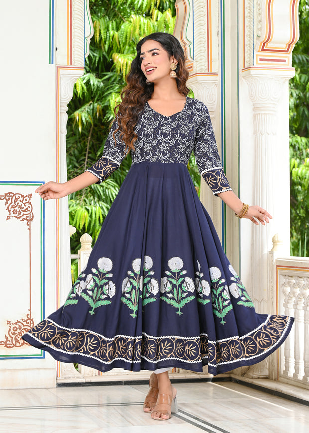 Blue Block Print Anarkali Kurta 228-BLU