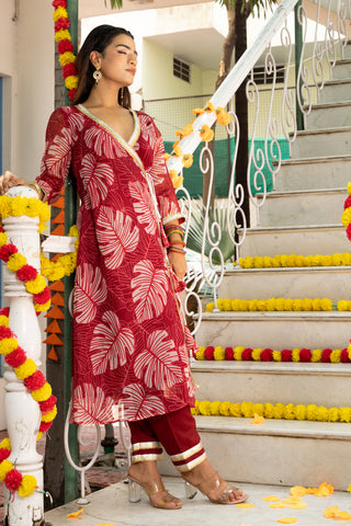 Mirza Printed Maroon Anagrakha Kurta Set