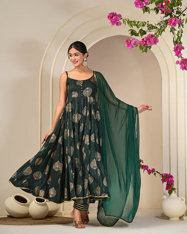 Green Gold Printed Sleeveless Anarkali Suit Set with Dupatta