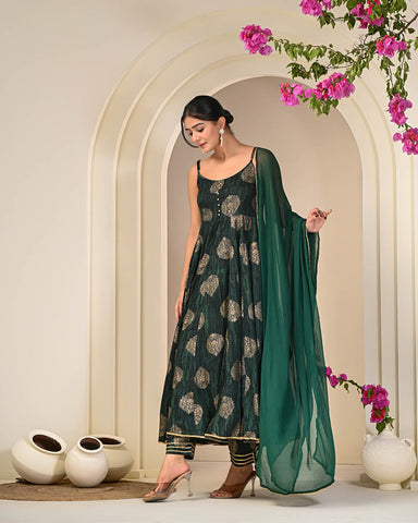 Green Gold Printed Sleeveless Anarkali Suit Set with Dupatta