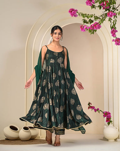 Green Gold Printed Sleeveless Anarkali Suit Set with Dupatta