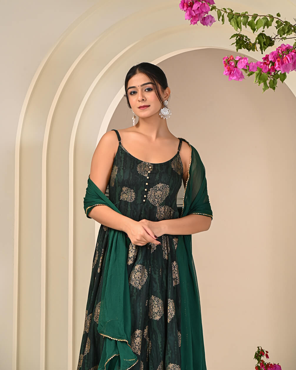 Green Gold Printed Sleeveless Anarkali Suit Set with Dupatta