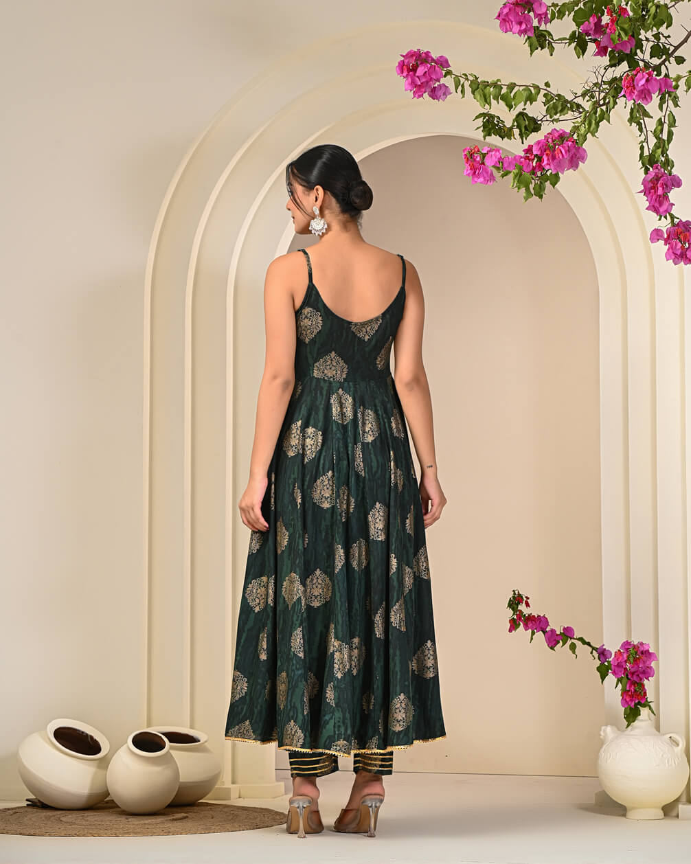 Green Gold Printed Sleeveless Anarkali Suit Set with Dupatta