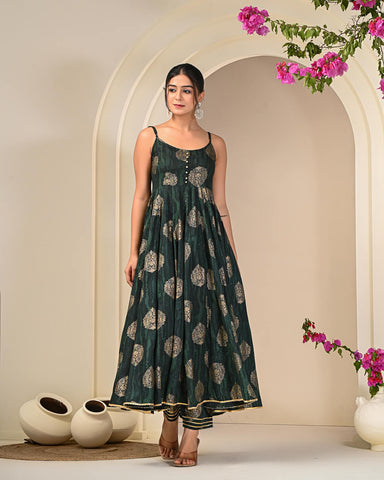 Green Gold Printed Sleeveless Anarkali Suit Set with Dupatta