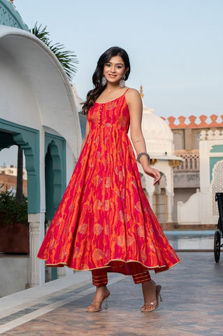 Rani Pink Gold Foil Printed Sleeveless Anarkali Suit Set with Dupatta