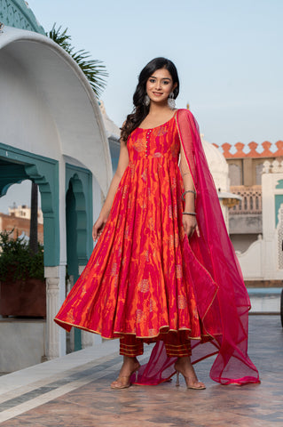 Rani Pink Gold Foil Printed Sleeveless Anarkali Suit Set with Dupatta