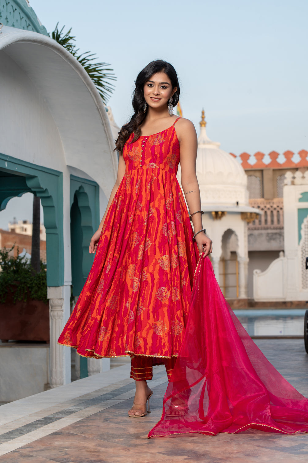 Rani Pink Gold Foil Printed Sleeveless Anarkali Suit Set with Dupatta