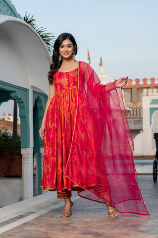 Rani Pink Gold Foil Printed Sleeveless Anarkali Suit Set with Dupatta