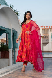 Gold Printed Suit Set With Organza Dupatta 251-PNK