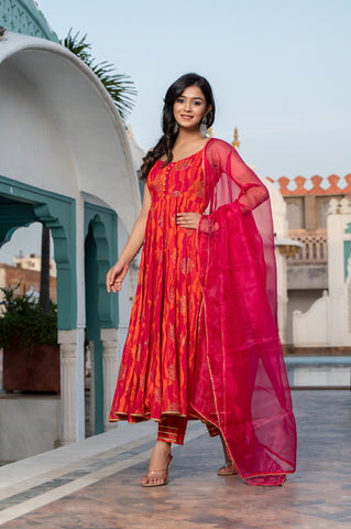 Rani Pink Gold Foil Printed Sleeveless Anarkali Suit Set with Dupatta