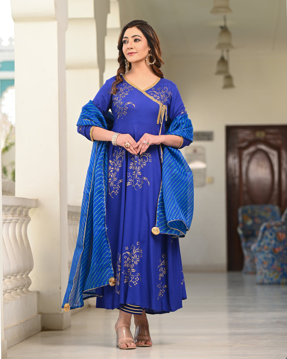 Blue Block Printed Angrakha Suit Set 255-BLU