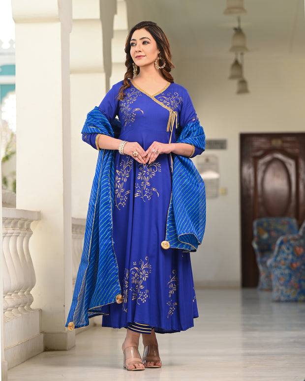 Blue Block Printed Angrakha Suit Set 255-BLU
