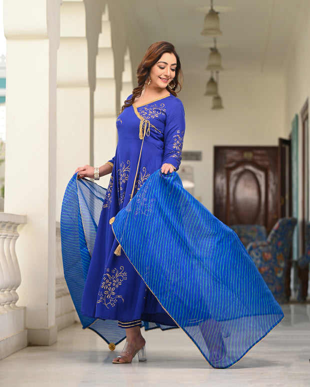 Blue Block Printed Angrakha Suit Set 255-BLU