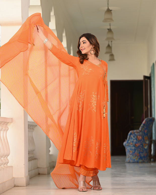 Orange Block Printed Angrakha Suit Set 255-ORG