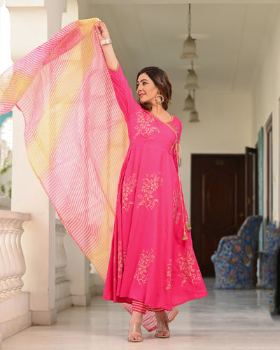 Pink Block Printed Angrakha Suit Set 255-PNK